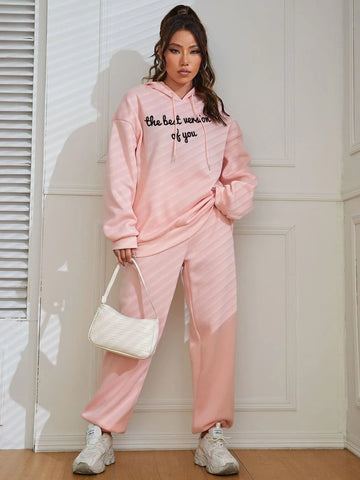 Slogan Graphic Drop Shoulder Drawstring Tracksuit-Pink
