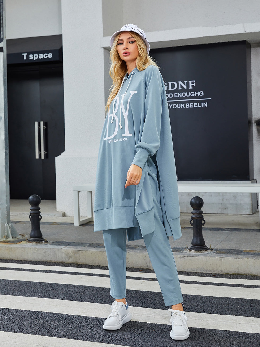 Slogan Graphic Raglan Sleeve Long Tracksuit -Dusty Blue