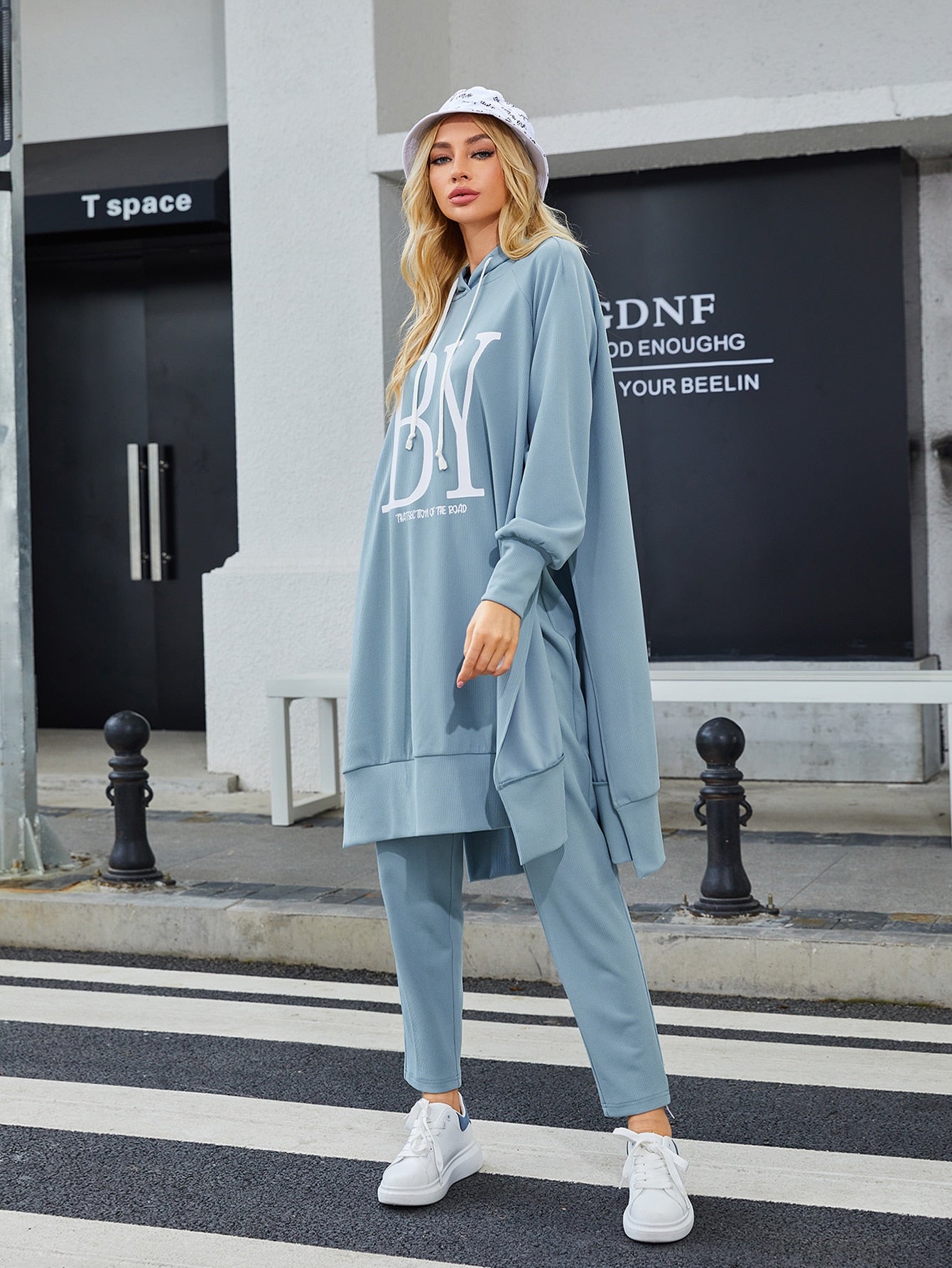Slogan Graphic Raglan Sleeve Long Tracksuit -Dusty Blue