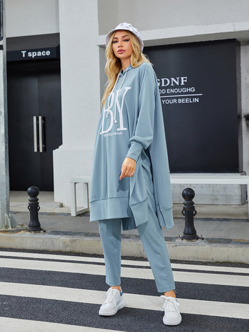 Slogan Graphic Raglan Sleeve Long Tracksuit -Dusty Blue