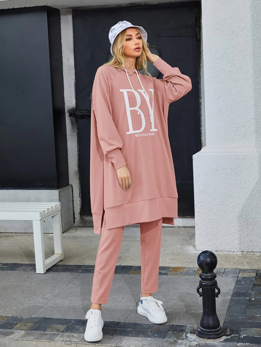 Slogan Graphic Raglan Sleeve Long Tracksuit -Dusty Pink