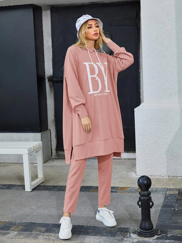 Slogan Graphic Raglan Sleeve Long Tracksuit -Dusty Pink