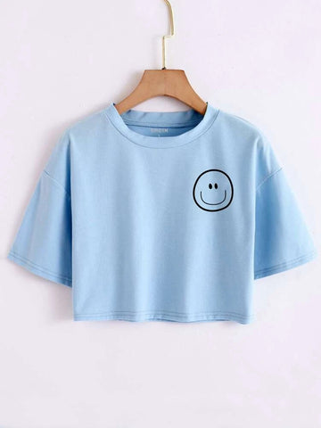 Smiley Crop Tee _ Sky Blue