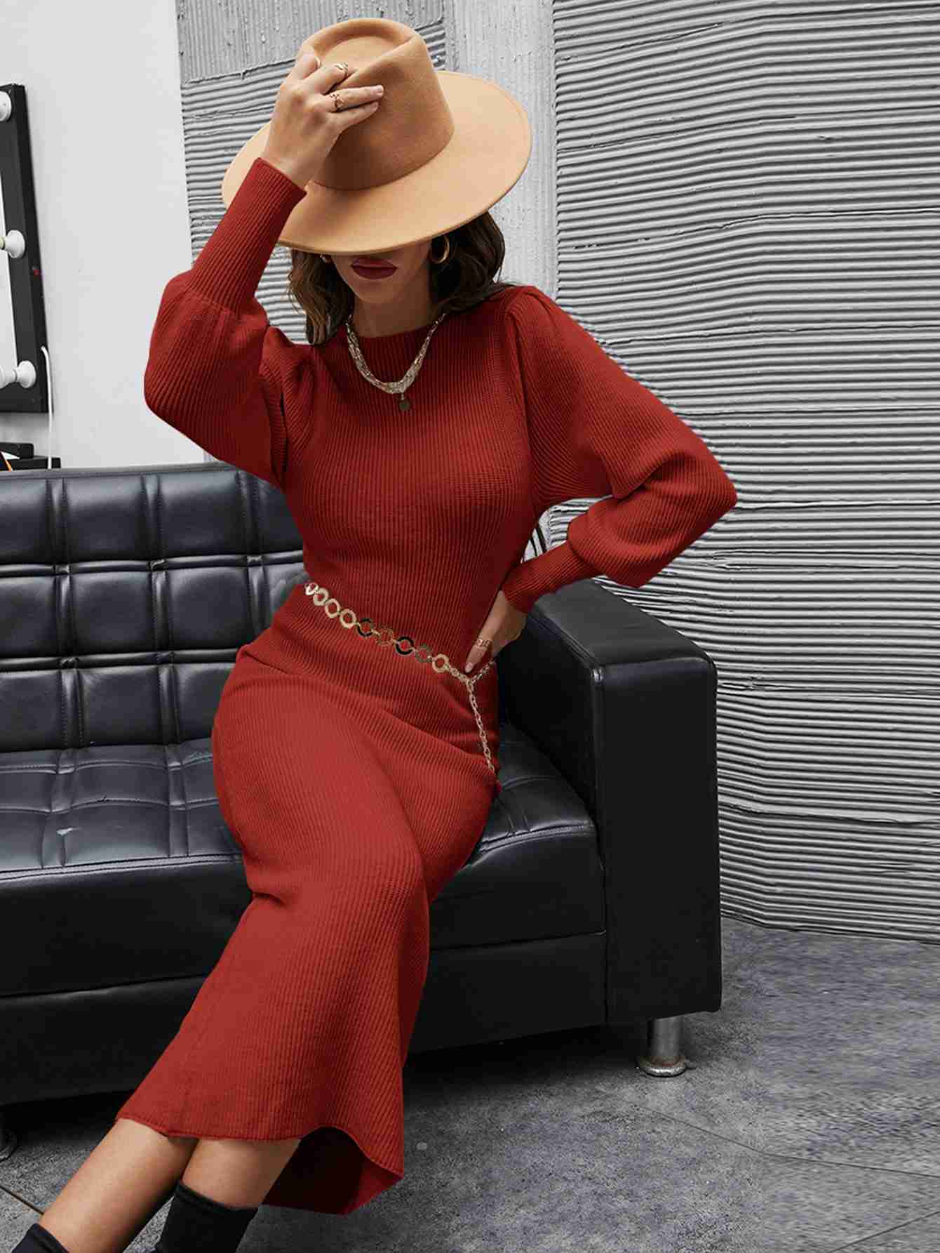 Solid Bishop Sleeve Bodycon Ribbed Dress _ Red