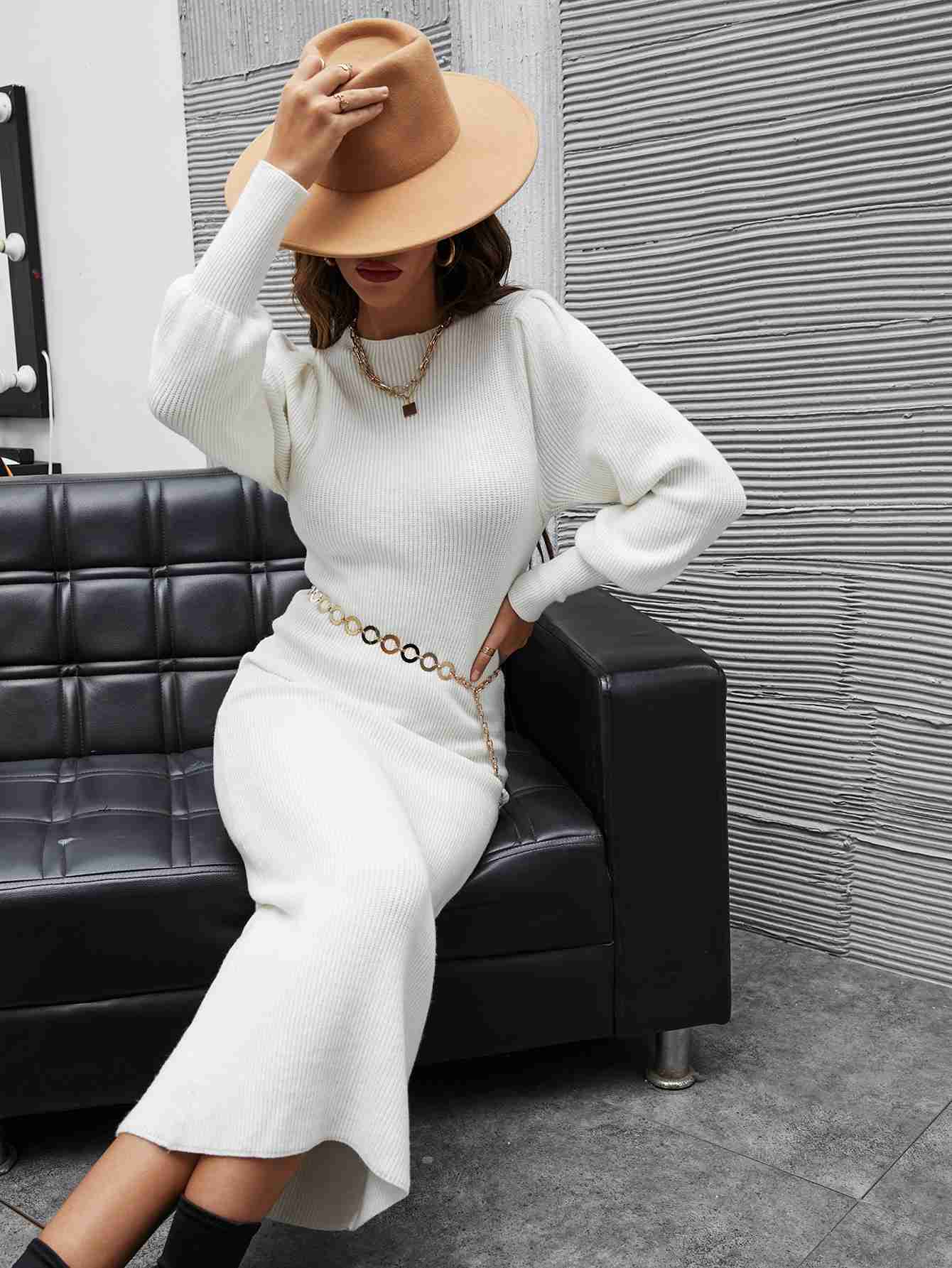 Solid Bishop Sleeve Bodycon Ribbed Dress _ White