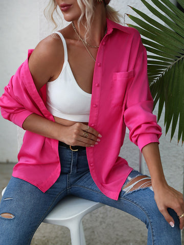 Solid Color Button Up Shirt _ Hot Pink