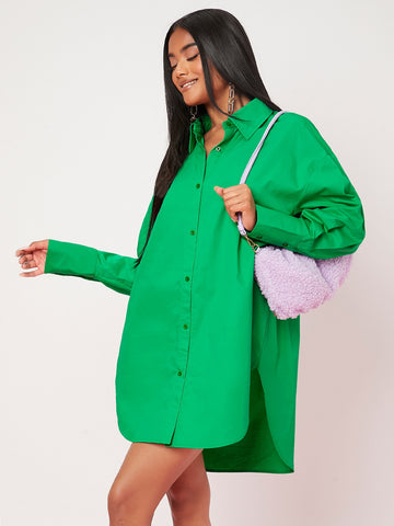 Solid Color Long Button Up Shirt_Green
