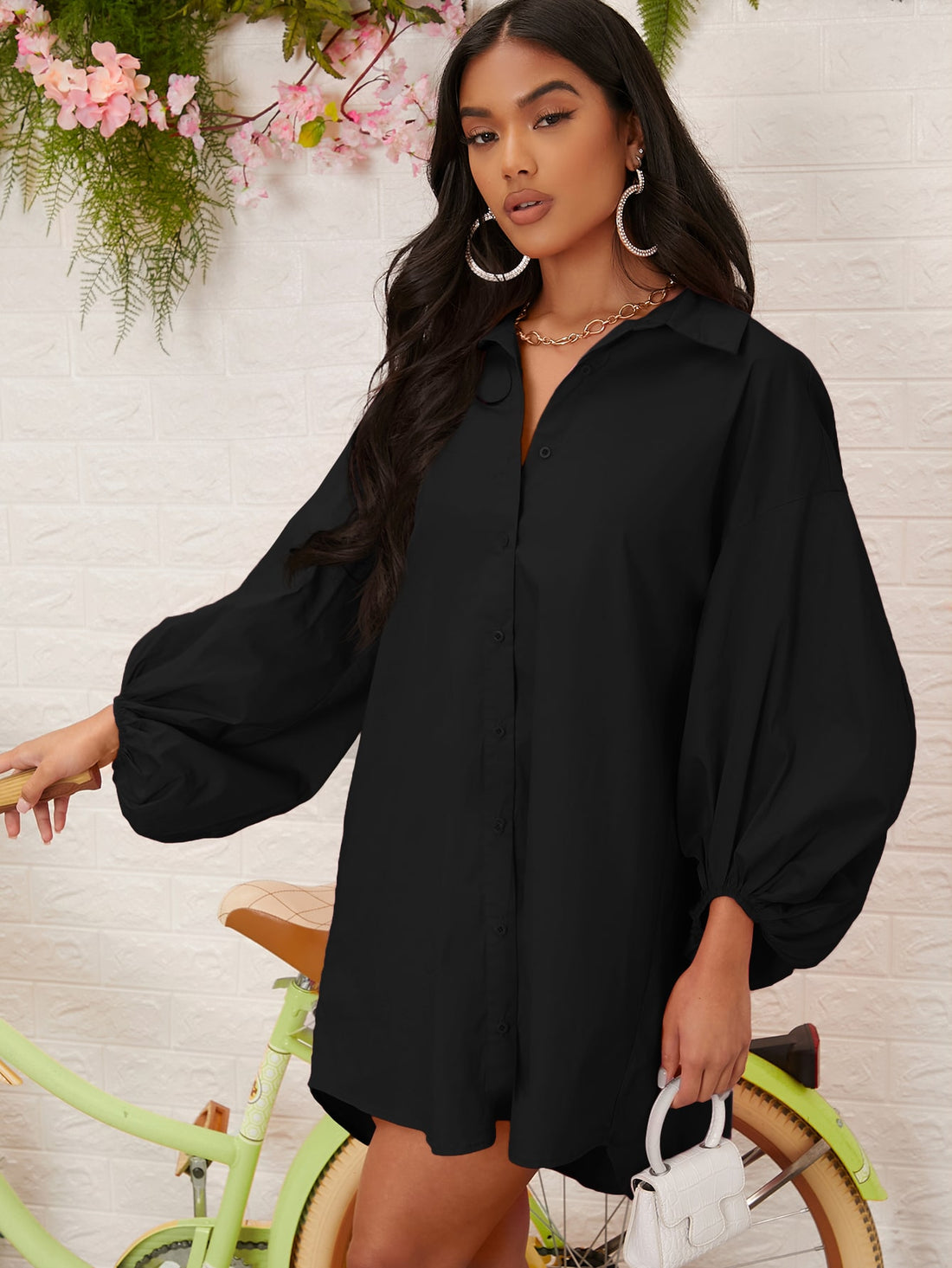 Solid Color Puff Sleeves Button Up Shirt_Black
