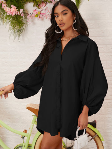 Solid Color Puff Sleeves Button Up Shirt_Black
