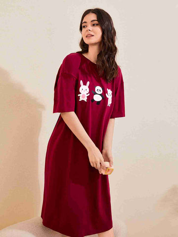 Sweet Happiness Print Night Dress _ Maroon