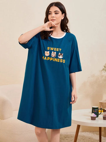 Sweet Happiness Print Night Dress _ Teal Blue