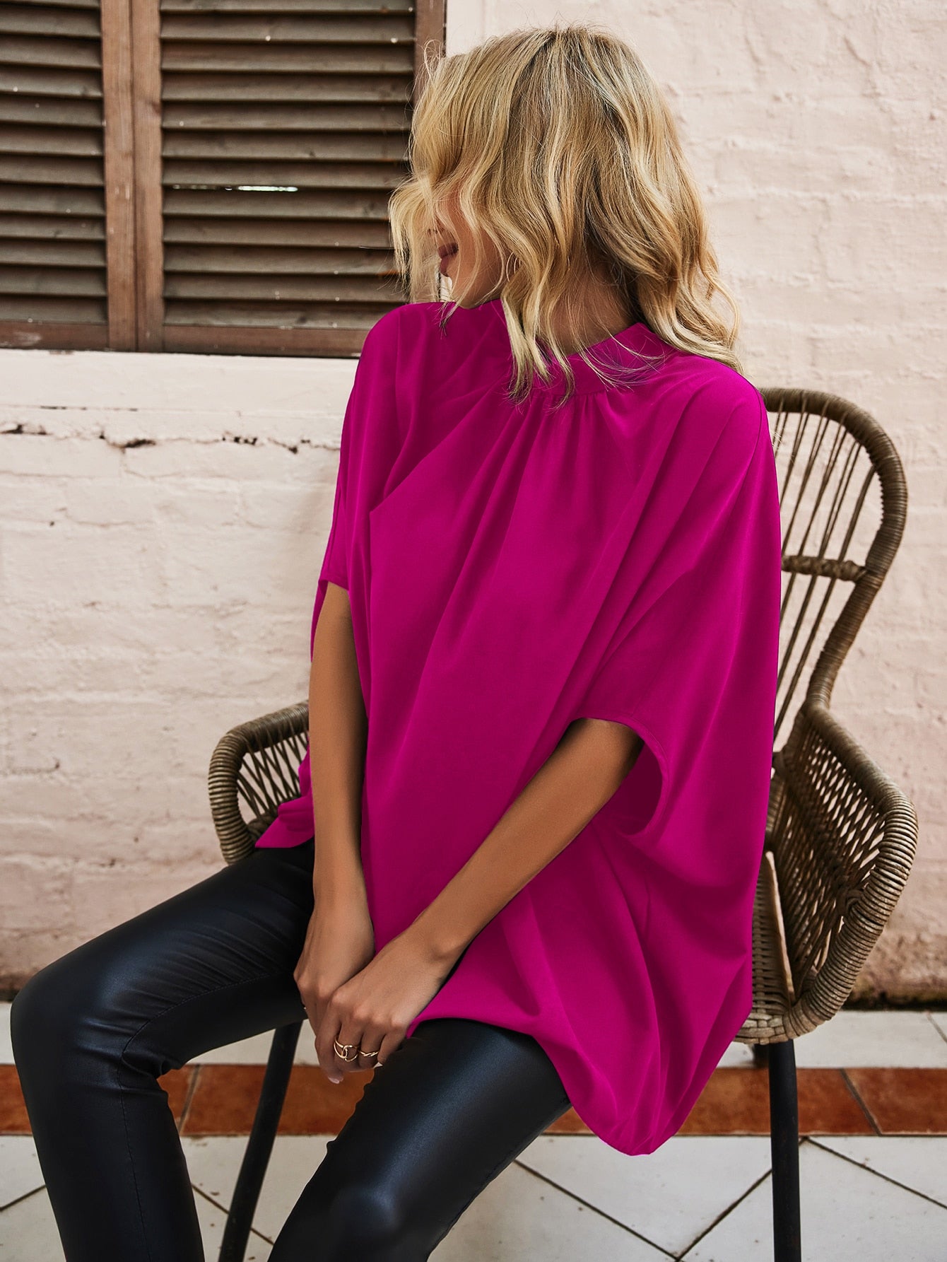 Tall Keyhole Back Batwing Sleeve Blouse_Hot Pink