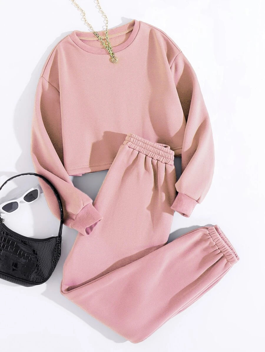Thermal Lined Solid Tracksuit-Pink