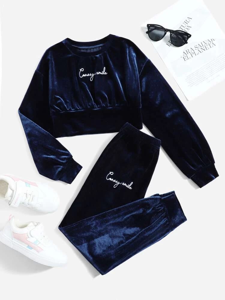 Velvet Sweatshirt Tracksuit -Navy Blue