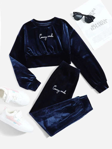 Velvet Sweatshirt Tracksuit -Navy Blue