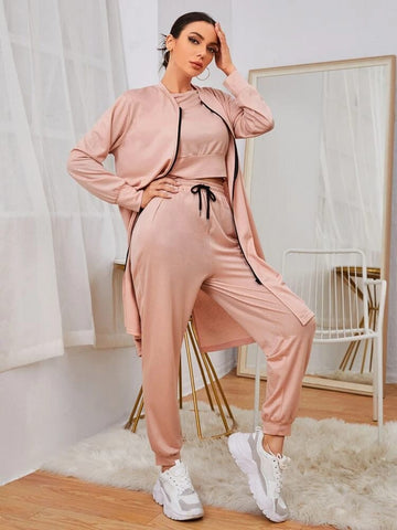Zip Up Coat & Solid Jacket Trackuit-Dusty Peach