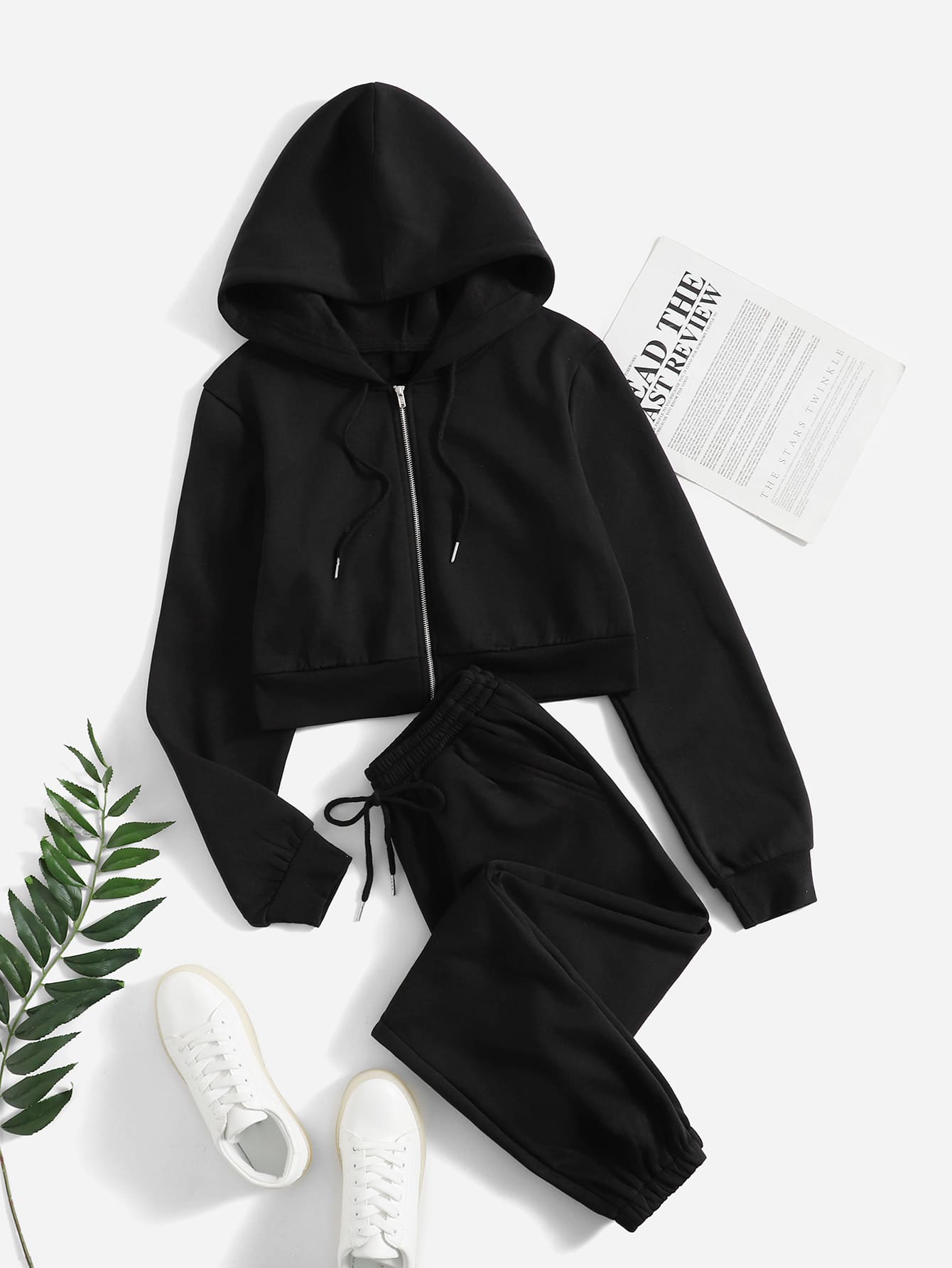 Zip Up Drawstring Tracksuit-Black