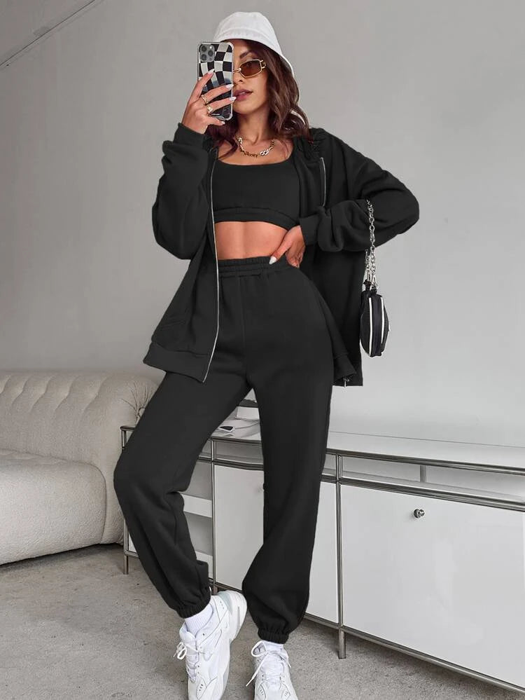 Zip Up Drop Shoulder Drawstring Thermal Lined Tracksuit – Black