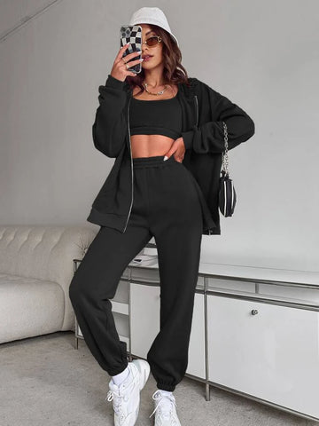 Zip Up Drop Shoulder Drawstring Thermal Lined Tracksuit – Black