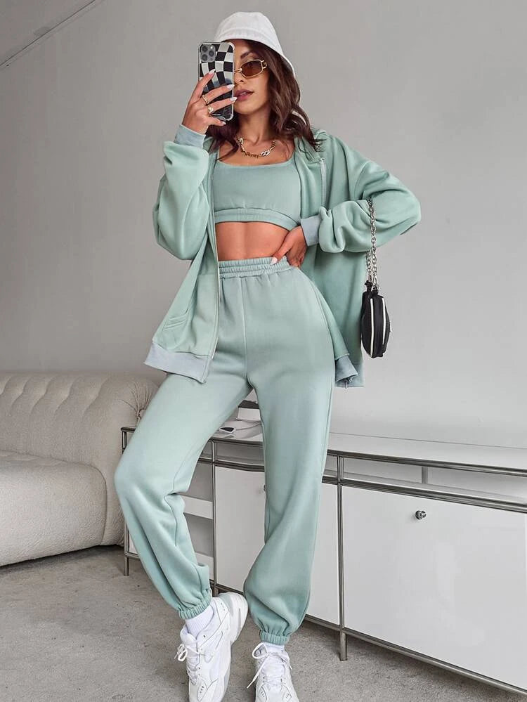 Zip Up Drop Shoulder Drawstring Thermal Lined Tracksuit – Mint Green